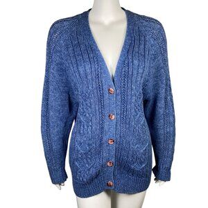 Melbourne Elements Cable Knit Cardigan Sweater Womens L Blue Long Sleeve Vintage